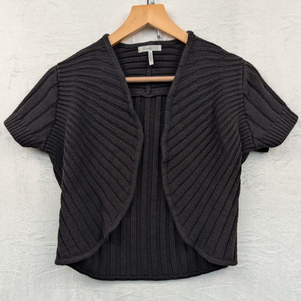 VTG Whimsigoth Sweater Womens M Black Ribbed Shrug Short Sleeve Open Front Y2K